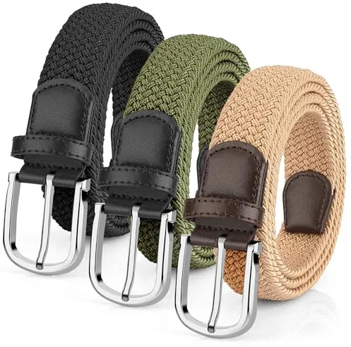 Leskyair 3 Piezas Cinturón Elástico Hombre y Mujer, Cinturón Trenzado de Tela Unisex para Pantalones Vaqueros y Casual, Extensible sin Agujeros, Ideal para Trabajo y Uso Diario