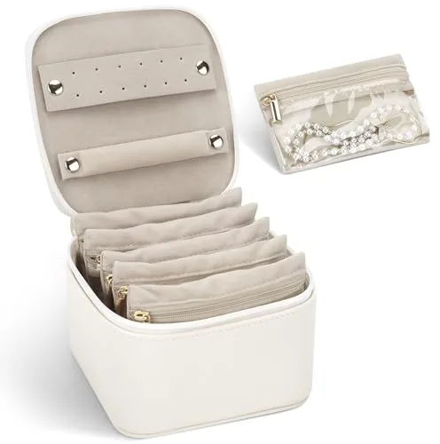 DesignSter Joyero pequeño organizador de viaje, estuche portátil de poliuretano de grano de lichi con 6 bolsillos transparentes de terciopelo para joyas, almacenamiento de joyas para aretes, anillos