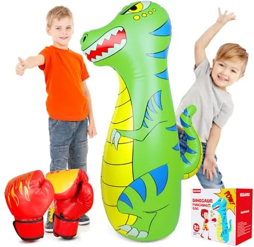 EQARD Saco de Boxeo Niños 120cm Hinchable Dinosaurio Bolsa Boxeo con Material Más Grueso Seguro Rebote Instantáneo con Guantes de Boxeo Karate Kickboxing Taekwondo Regalo para Niños 3-9 Años (Verde)