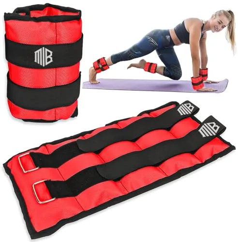 ManiBoom Pesas para Tobillos o Muñecas - PACK 2 Tobilleras Peso y Correas AJUSTABLES - Lastres de 0,5kg 1kg 1,5kg 2kg 3kg 4kg por Unidad - Ankle Weights Gym, Correr, Caminar (2x1kg Roj)