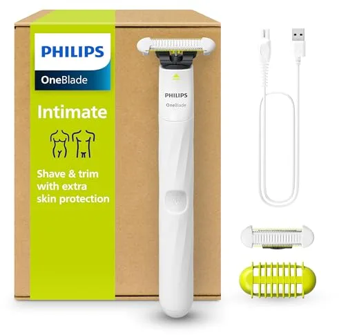 Philips OneBlade Intimate, diseñada para el cuidado púbico, Recorta y afeita con protección extra para la piel, modelo QP1924/30