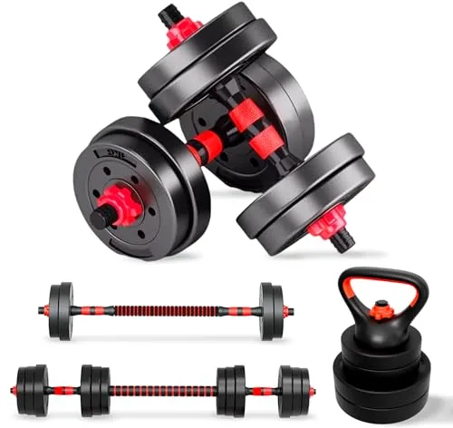 JUPPLIES Juego de Mancuernas Ajustables 4 en 1 + Kettlebell - 10kg 20kg 40kg - Kit de Pesas con Barra Recta Ajustable y Antideslizante - Pesas y Mancuernas Discos Recubiertos - Set de 10 kg