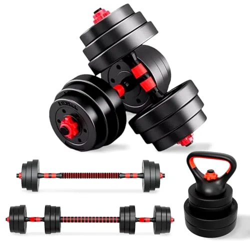 JUPPLIES Juego de Mancuernas Ajustables 4 en 1 + Kettlebell - 10kg 20kg 40kg - Kit de Pesas con Barra Recta Ajustable y Antideslizante - Pesas y Mancuernas Discos Recubiertos - Set de 20 kg