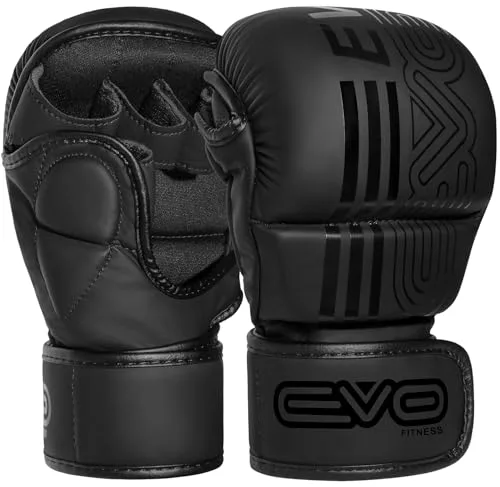 EVO Fitness Guantes MMA Hombres Mujeres Cuero Sparring Karate Grappling Muay Thai Guantes Entrenamiento De Artes Marciales UFC De Lucha En Jaula Boxeo Combat Deportes (Negro, L)