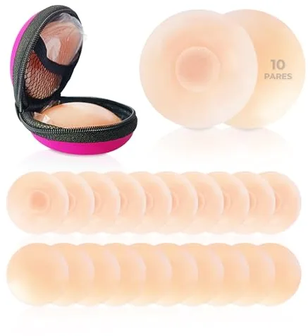 10 Pares de Pezoneras Adhesivas Invisibles (6,5cm Ø)-Reutilizables-Cubre Pezones Invisible de Silicona Fina-Adhesivo Premium-Hipoalergénico-Resistente al Sudor-No Irrita el Pecho-Incluye Estuche