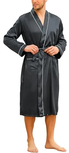 Bresdk Bata Hombre Seda kimono Batas de Casa Manga Larga Ligero Albornoz de Seda Súper Suave Clásica Camisón Pijama para Hombre, Gris negro, M