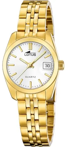LOTUS Reloj Mujer Analógico de Acero Inoxidable 316l Dorado - Movimiento de Cuarzo - Cristal Mineral de Alta Resistencia - Resistente al Agua 5 ATM - Calendario 18993/2 - Old Money