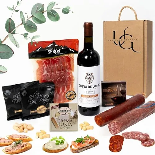 UNIVERSO GOURMET | Cesta Gourmet para Regalar | Vino DO.Rioja | Embutidos Ibéricos Bellota | Paleta Gran Reserva y Queso Crema Torta de Oveja | Pate Pedro Ximenez y Picos Pan Artesanos | Cesta Navidad