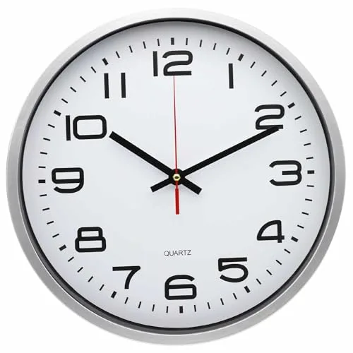 TECHZOCO Reloj de Pared, Apto para Oficina, Cocina, Dormitorio, Movimiento Cuarzo silencioso, Reloj Decorativo, Marco Plateado Esfera Blanca, 30 cm de diámetro