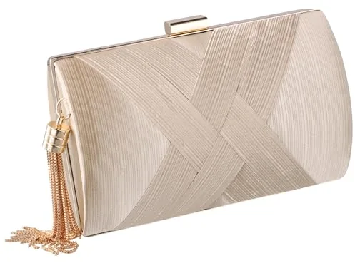 Amexo Bolso de Mano de Noche para Mujer, Bolso de Mano con Fleco Borlas Bolsos de Fiesta de Satén con Cadena para Boda Fiesta Noche Borla Colgante Cóctel Graduación (Champagne)