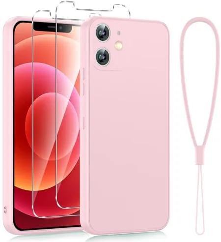 Viojrlra Funda para iPhone 12 Mini Caso con Protección de La Cámara y 2 Piezas Cristal Templado, Suave Silicona Case para iPhone 12 Mini, Antigolpes Carcasa Protectora con Forro de Microfibra, Rosa