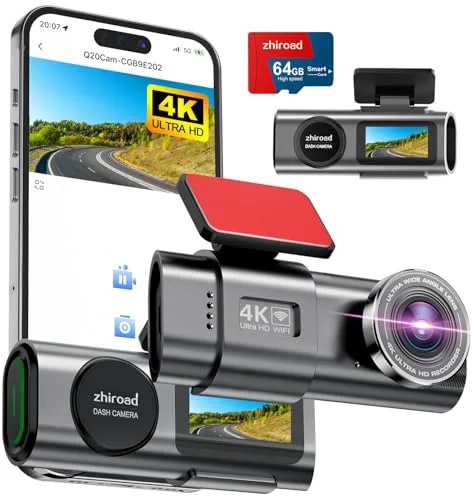 Dash CAM Coche, 4K Dashcam con Tarjeta 64G, Camara Vigilancia Coche Desmontable, Cámara Coche Grabadora, Super Visión, WiFi & App, Gran 170°, G-Sensores