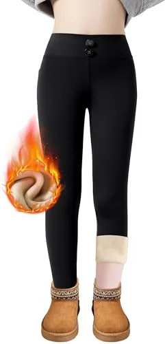 FILOWA Leggings Térmicos para Niña Infantiles Forro Polar Largos Pantalones Calentitos Mallas Cálido Stretch Legging Cintura Alta Elásticos Malla para Niños Adolescentes Invierno Ropa 9-12 anos, Negro
