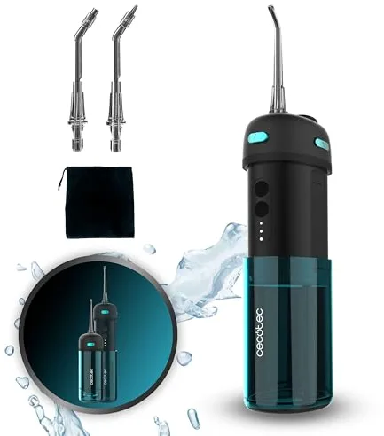 Cecotec Irrigador Dental Pórtatil Toothcare Jet Splash. Irrigador Compacto y Ligero de Viaje Con 3 Modos y Hasta 8 Intensidades, 150 Ml de Capacidad y 2 Boquillas Intercambiables, IPX7, Impermeable