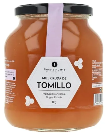 PLANETA HUERTO | Miel Cruda de Tomillo 1 Kg, Artesanal 100% Natural de Origen España - Miel Cruda Sin Filtrar ni Pasteurizar, Alta Concentración de Néctar de Tomillo para una Nutrición Saludable
