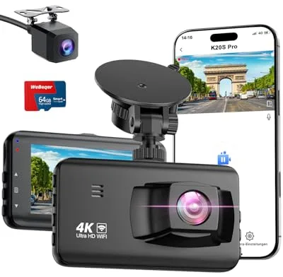 WeBeqer Dashcam 4K/1080P,WiFi Dash CAM Coche,Tarjeta 64GB,Visión Nocturna,G-Sensor,Grabación en Bucle,Asistente de Marcha atrás,170°+140°Gran Angular,IPS de 3 Pulgadas,Modo Parking 24H