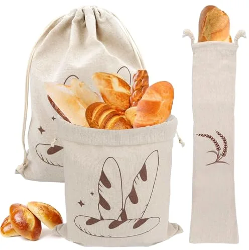 Pizsieat 3 Piezas Bolsa Pan de Lino 30 x 40cm +15 x 66cm Bolsa de Pan Reutilizable Bolsa Pan Tela con Cordón para Pan Baguette Frutas Nueces