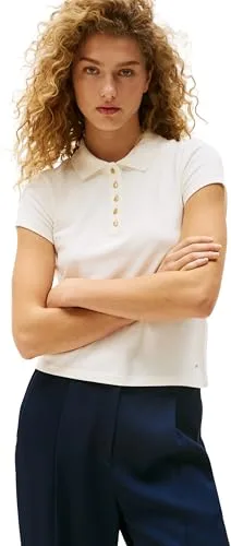 Tommy Hilfiger Camiseta de Manga Corta Mujer Gold Button Slim con Tejido elástico, Blanco (Ivory Silk), XXL