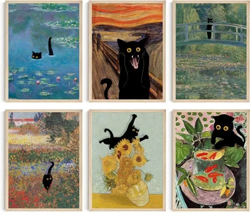 Hambient Laminas Decorativas Pared de Gatos para Cuadros Decoracion Salon Modernos, Dormitorios, Habitacion, Baño, Hogar. Monet, Van Gogh, Munch, Klimt. 6 Posters. (21 x 30 cm - Sin Marcos)