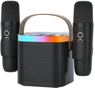 Karaoke Máquina Plus 2 Micrófonos Portable Bluetooth Karaoke Altavoz con Cambio de Voz y luz led para niños Adulto, Regalo de cumpleaños de Navidad Familia Fiesta en casa (Negro)