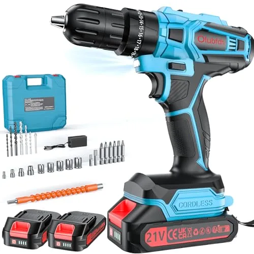 Olubfdh Taladro Percutor a Bateria 21V, Taladro Atornillador Bateria con 4000mAh Baterías, 45 Nm, 25+3 Ajuste Par (2 Velocidad y LED) Drill Adecuado para bricolaje en casa y jardín (Azul)