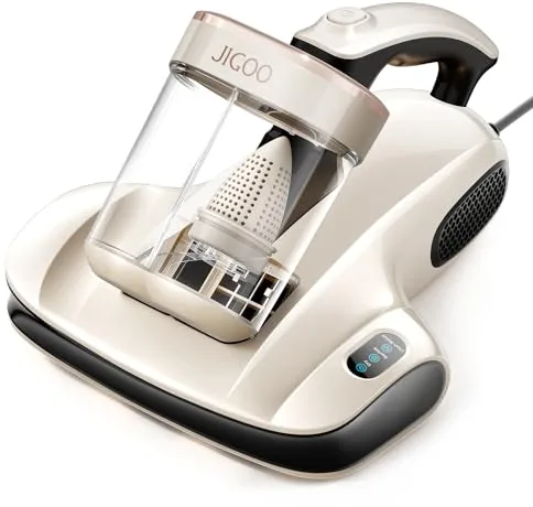 JIGOO S100 Aspirador de ácaros, Aspiradora Antiacaros para colchones con Sensor de ácaros, Pantalla LED, vibración, luz UV, ultrasonido, Elimina 99.9%, Especial Alergias, para Colchones y Sofás