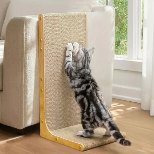 Conlun Rascador para Gatos, 58 cm Forma en L Montable en Pared, Panel de Rascado Vertical, Cartón Duradero para Proteger Muebles de Gatos de Interior, Grande,Efecto Madera