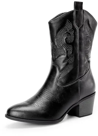 DREAM PAIRS BOTAS COWBOY PARA MUJER, BOTAS DE VAQUERA HASTA LA PANTORRILLA CON BORDADO, ZAPATOS DE PUNTA REDONDA Y TACÓN BAJO CHUNKY,Size 39,Todo Negro,DWUMMB2505