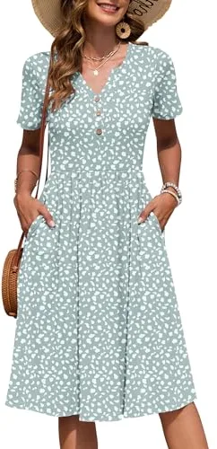 AUSELILY Vestido Verano Manga Corta Mujer Largo hasta La Rodilla Estilo Imperio Informal con Cuello en V Plisado y Bolsillos