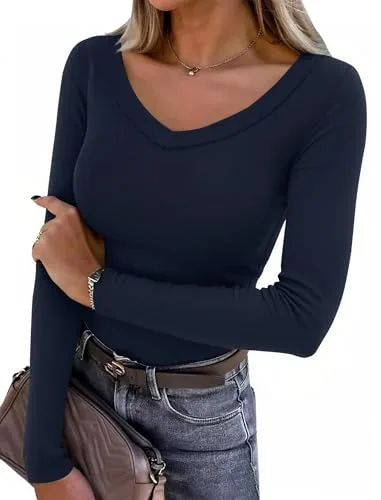 Aottori Camiseta Mujer Manga Larga Basica Top Cuello Pico Camisetas Shirts Elegante Punto Acanalado Ajustado Elástico Liso Jersey Túnica Azul Marino S