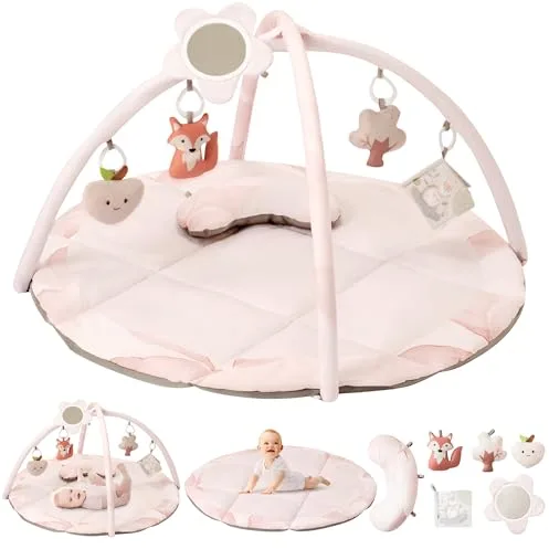 Fortella Gimnasio para Bebé, Tapete de Actividades, Manta de Juegos Plegable con 5 Juguetes Colgantes, Espejo y Almohada -Alfombra Acolchada para el Gateo, Desarrollo Infantil, 0-3-6-12 Meses(Rosa)