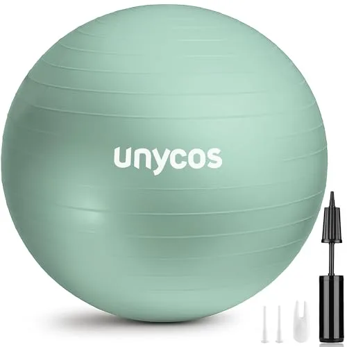 unycos - Pelota de Pilates, Gimnasia, Yoga, Fitness y Embarazo, Fitball Antideslizante y Anti-Burst【65 cm】de PVC Extra Grueso, Resistencia de 300 kg, Incluye Hinchador (Verde con Logo)