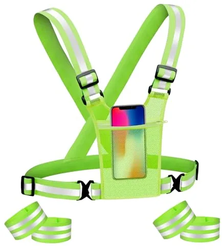 Adiwo Chalecos Reflectantes, Seguridad Chaleco Reflectante con 4 Brazaletes Reflectantes, Elastic Reflector Chaleco con Ajustable Alta Visibilidad,para Ciclismo, Senderismo,Carrera,Verde Fluorescente
