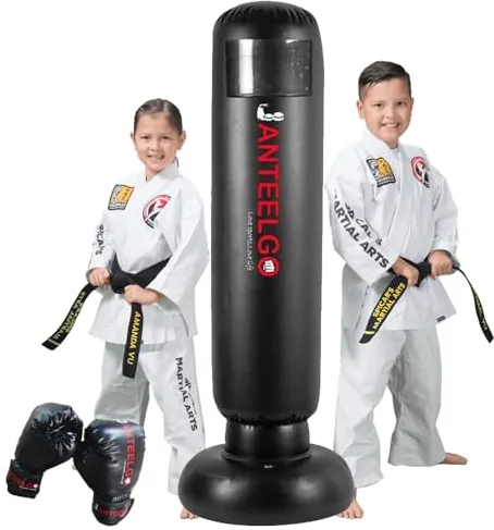 Saco de Boxeo de Pie Niños y Guantes de Boxeos: JanTeelGO 150cm Punching Ball Inflable Regalos para Niñas de 3 a 12 años para Practicar Karate, Taekwondo (Saco de Boxeo-B)