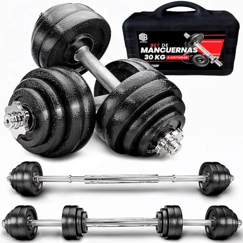 ManiBoom Mancuernas Ajustables HIERRO PURO (No Plástico) - Kit Pesas 3 en 1 con Barra Extensora - Maletín Rígido de Musculación y Fitness en Casa - Discos Macizos y Seguros (15kg - 55kg)