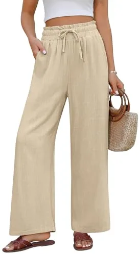 PASUDA Pantalones de Lino y Algodón Mujer Verano Cómodos Ligero Ancho Casual Cintura Alta Elástica Rectos con Bolsillos