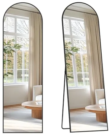 SONGMICS Espejo de Cuerpo Entero, 150 x 40 cm, Espejo Arqueado con Soporte, con Marco de Aleación de Aluminio, Cristal Templado, para Dormitorio, Salón, Vestuario, Negro Tinta LFM035B01