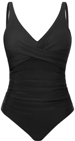 Tuopuda Bañadores Mujer Reductor Barriga Bañador Push up con Relleno V-Cuello Trajes de Baño Una Pieza Monokini Bañador Natacion Surf Swimwear para Playa Piscina Vacaciones, Negro, M