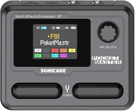 SONICAKE Pedal de guitarra multiefectos 9 Módulos de efectos 100 Presets 20 Amp/Cab Procesador de efectos para guitarra OTG USB Interfaz de audio BT con APP Pocket Master (Negro)