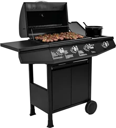Amig - Barbacoa de gas Fireplus 3+1 de 8,4 kW - Acero inoxidable Negro - Parrilla con ruedas Modelo GRILL-3F - Barbacoa XXL con carro y termómetro - 117x52x103 cm - 4 quemadores y Bandeja lateral