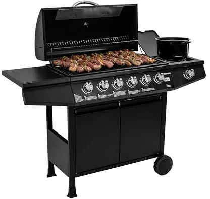 Amig - Barbacoa de gas Fireplus 6+1 de 12,9 kW - Acero inoxidable Negro - Parrilla con ruedas Modelo GRILL-6F - Barbacoa XXL con carro y termómetro - 138x52x103 cm - 7 quemadores y Bandeja lateral