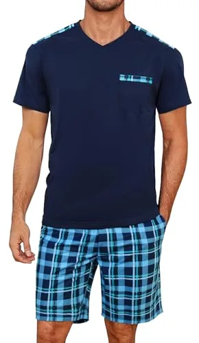 Litherday Pijama Hombre Corto de Algodón Verano Conjunto Manga Corta con Bolsillos y Pantalón a Cuadros Suave y Cómodo 2 Piezas