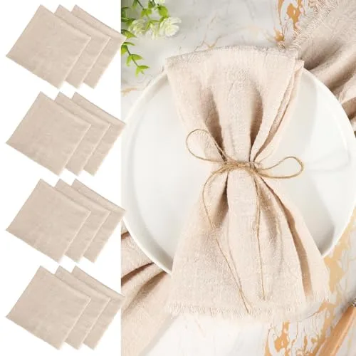 12 Piezas Servilletas de Tela, 45x45cm Servilletas Tela, Servilleta Lino con Flecos, Reutilizables Servilletas Algodón con 10 Metros de Cuerda para Hogar, Boda, Cumpleaños