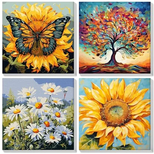 Lxmsja 4 Pack Pintar por Numeros Adultos Flor con Marco, DIY Cuadros para Pintar por Números Lienzos Girasol Pintura Acrilica Manualidades Decoracion Hogar Pared 20x20cm