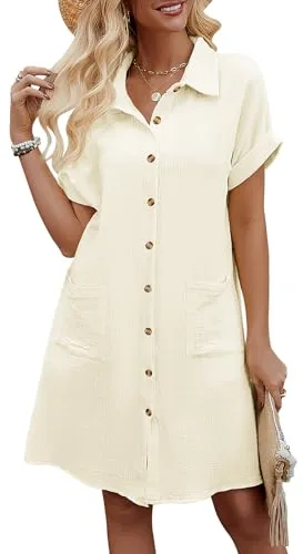 Niwicee Vestidos Verano Mujer Manga Corta Cuello V Mini Vestido Mujer Algodón Rectos Sueltos Botones Vestido Camisero Casual Vestidos de Playa con Bolsillos(Beige,XL)