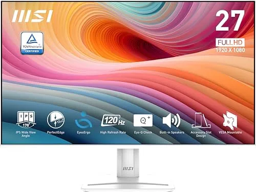 MSI Pro MP275W E2, Monitor Profesional FHD de 27 Pulgadas, Panel IPS de 1920 x 1080, sin Marcos en los 4 Lados, tasa de refresco 120 Hz, Pantalla Agradable a la Vista, inclinación Ajustable