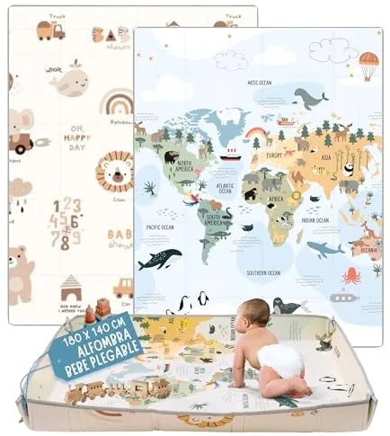 HUBORNS - Alfombra bebé plegable acolchada 140×180cm para juegos y gateo, manta de actividades impermeable y reversible, tapete infantil antideslizante, regalo ideal recién nacidos (Mapa M)