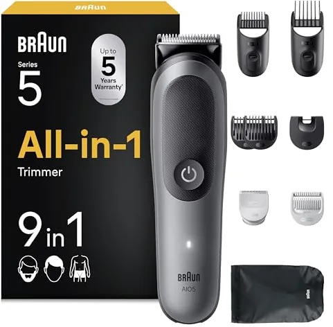 Braun Recortadora Todo En Uno Series 5, AIO5545, Kit De Styling 9en1 Para Barba, Pelo, Orejas, Nariz y Cuerpo, 120 Min, Cortapelos Hombre Con Lámina Ultra Afilada, Recorte Preciso Y Eficiente, Gris