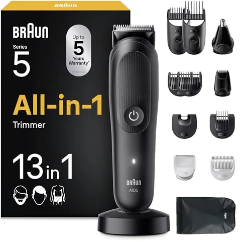 Braun Recortadora Todo En Uno Series 5 AIO5565, Kit De Styling 13en1 Para Barba, Pelo, Orejas, Nariz y Cuerpo, 120 Min, Cortapelos Hombre Con Lámina Ultra Afilada, Recorte Preciso Y Eficiente, Negro