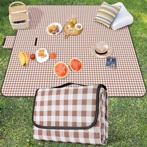 YAOMAISI Cómoda manta de pícnic, 300 x 200 cm, manta grande de playa, camping, con asa, suelo impermeable, lavable a máquina, manta plegable para senderismo, suave y grande (rejilla de café)
